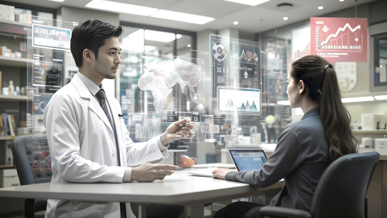 A pharmaceutical sales representative presenting