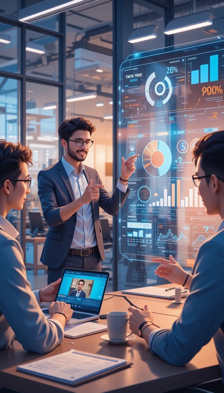 Sales team using technology and human touch with interactive dashboard and virtual meeting
